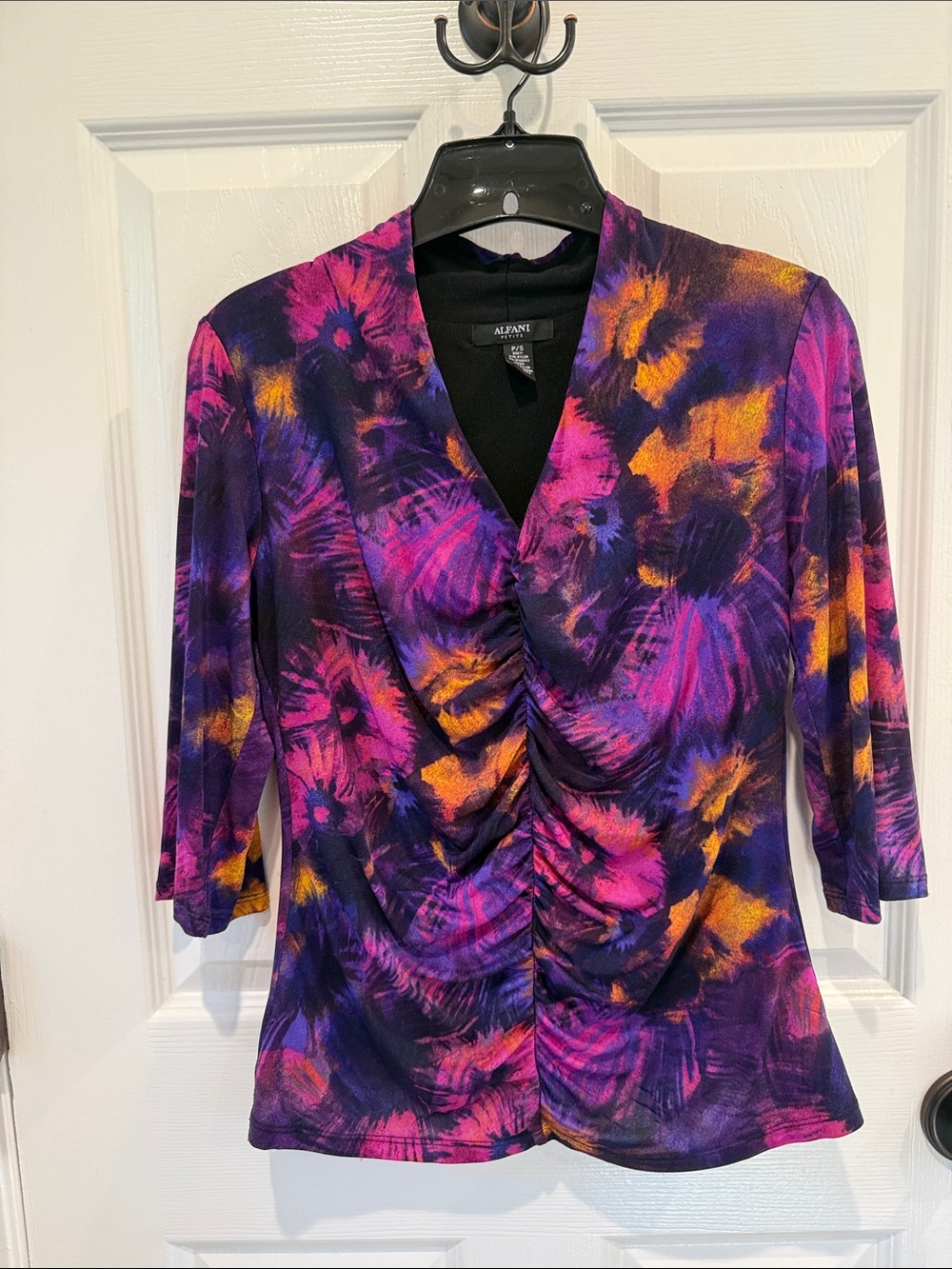 Alfani Purple Multicolor Floral Ruched V-Neck Blouse